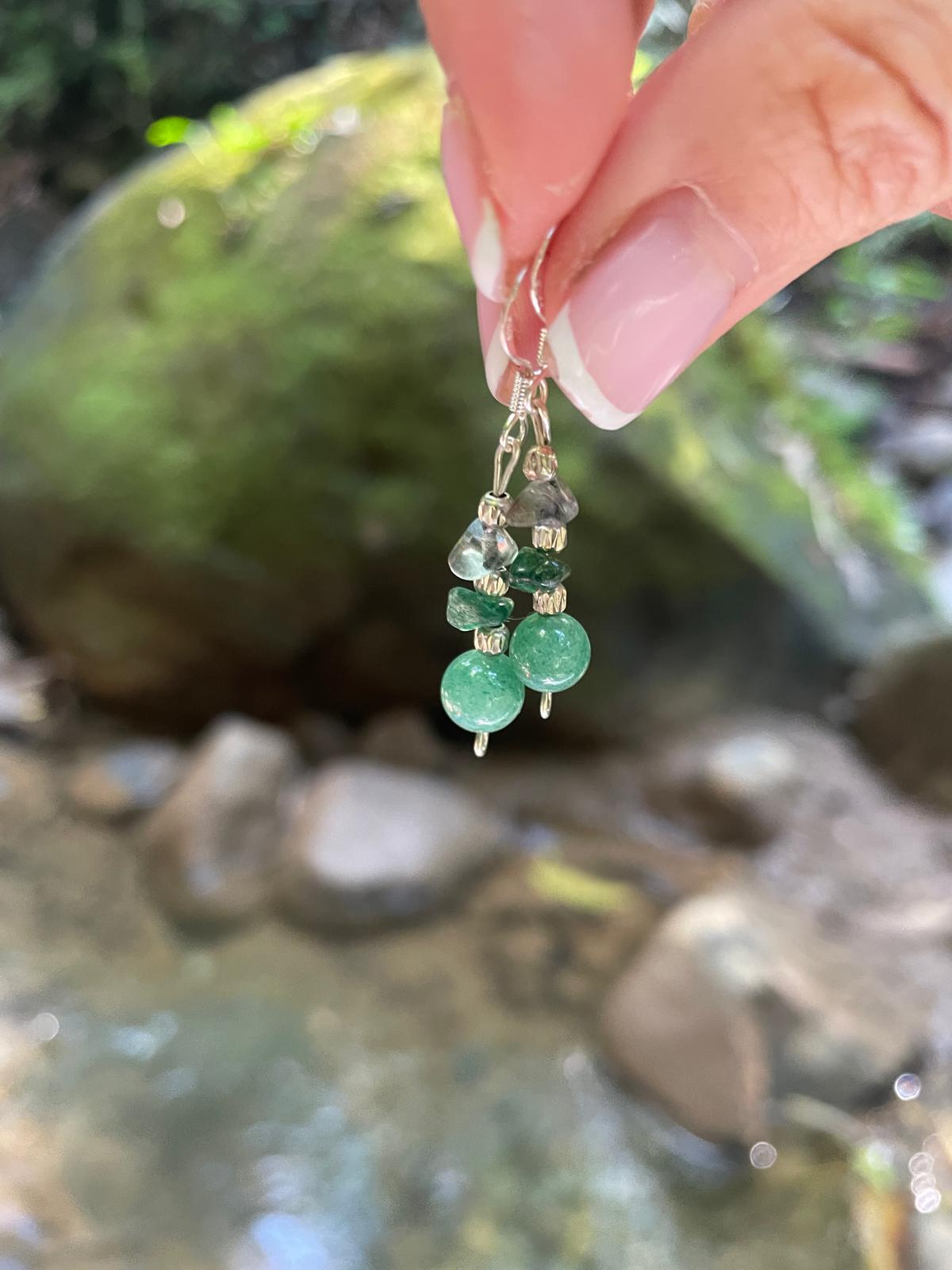 Handmade earrings with natural stones: jadeite, green aventurine, and rock crystal, premium 925 sterling silver