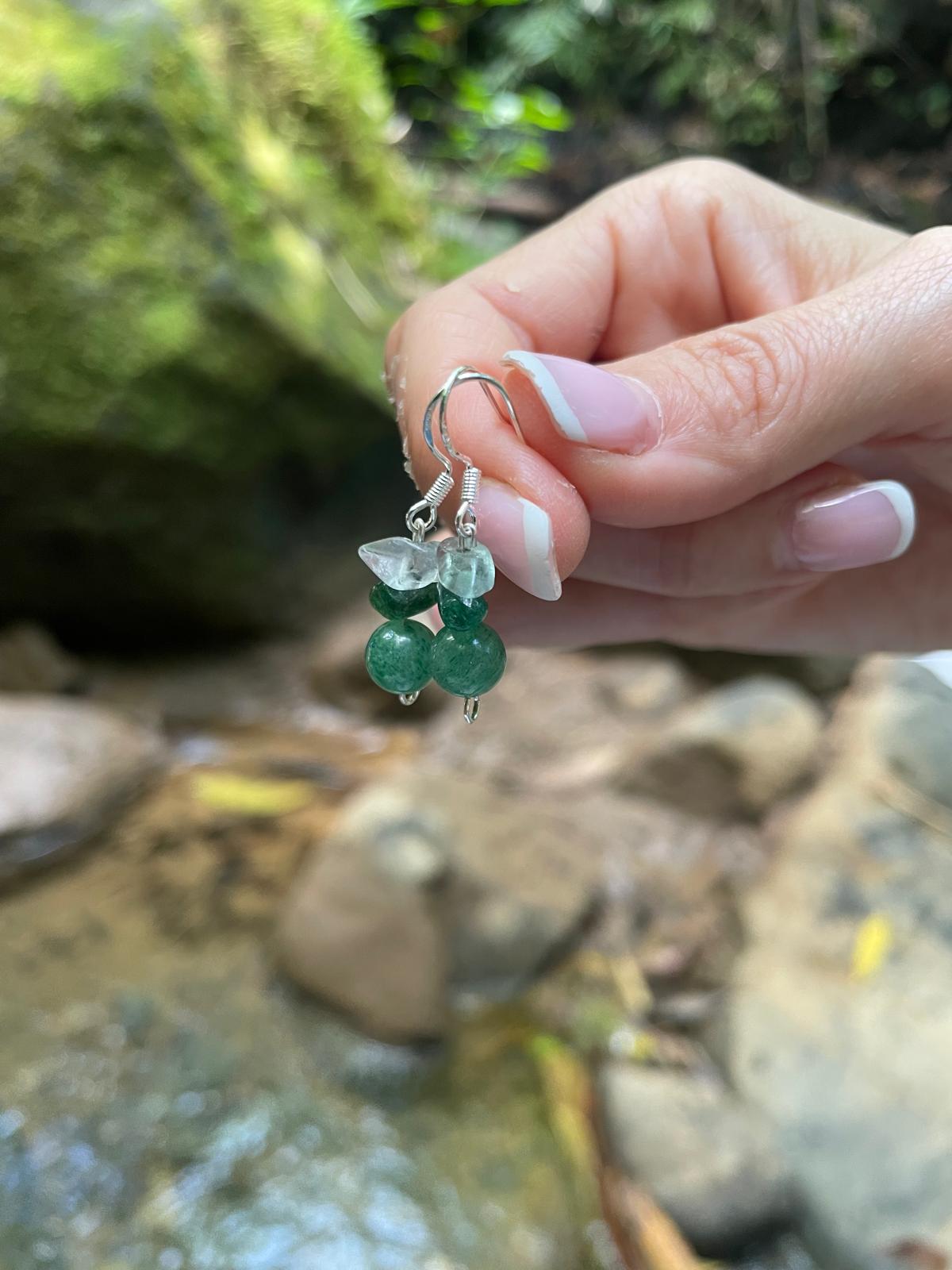 Earrings with natural jadeite, green aventurine, and rock crystal, premium 925 sterling silver