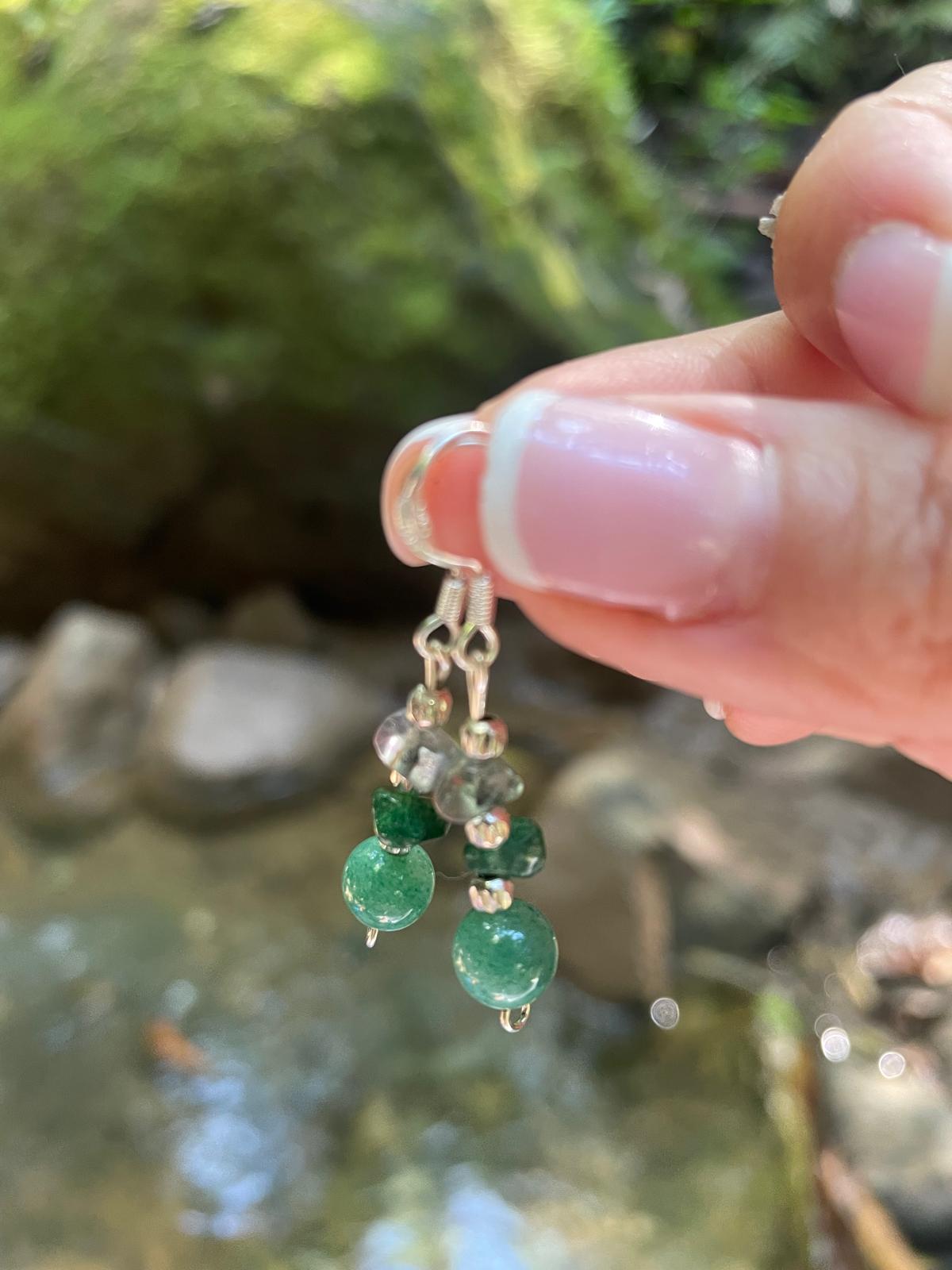 Handmade earrings with natural stones: jadeite, green aventurine, and rock crystal, premium 925 sterling silver