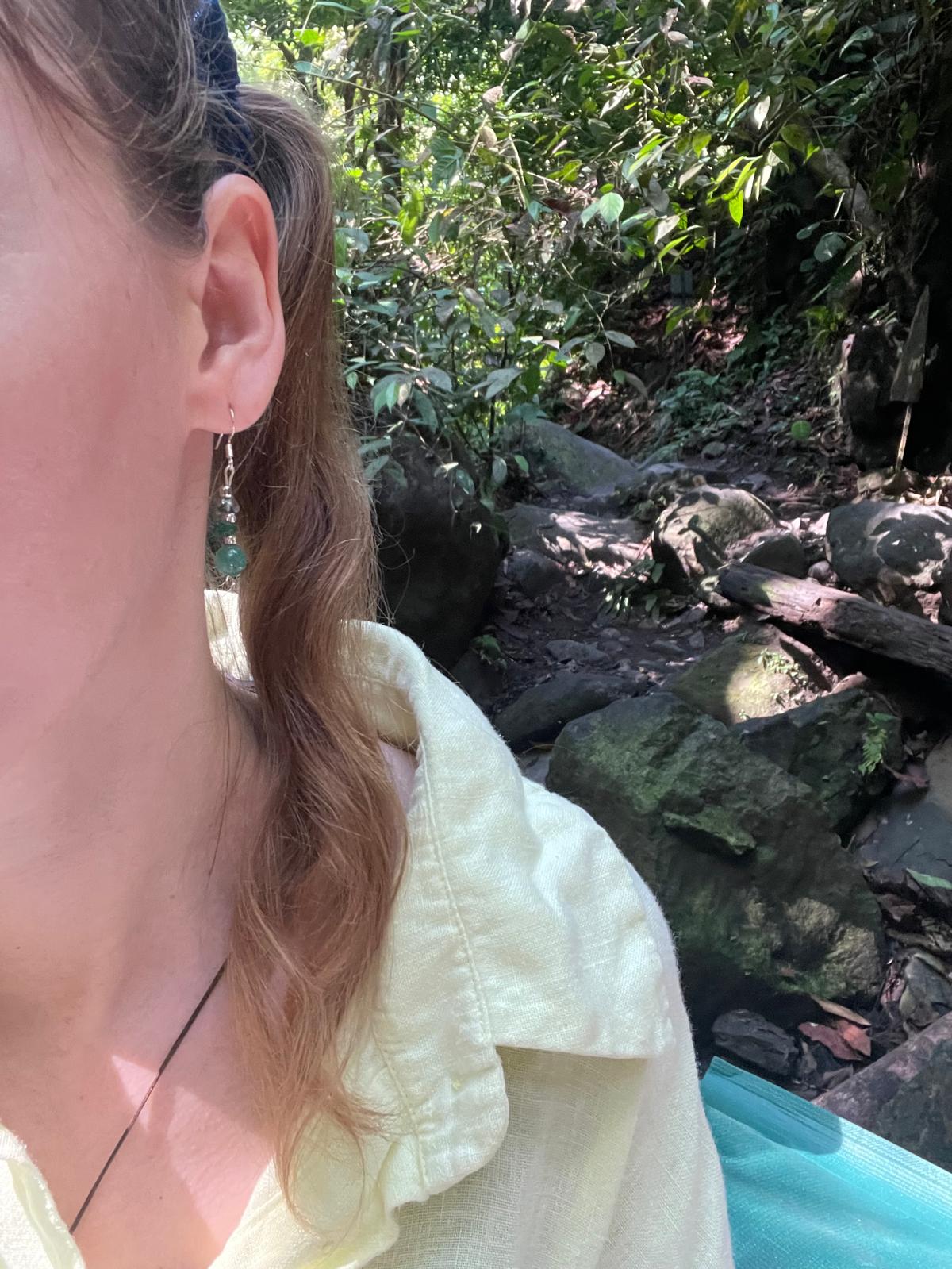 Handmade earrings with natural stones: jadeite, green aventurine, and rock crystal, premium 925 sterling silver