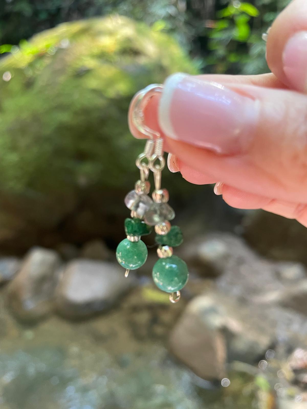 Handmade earrings with natural stones: jadeite, green aventurine, and rock crystal, premium 925 sterling silver