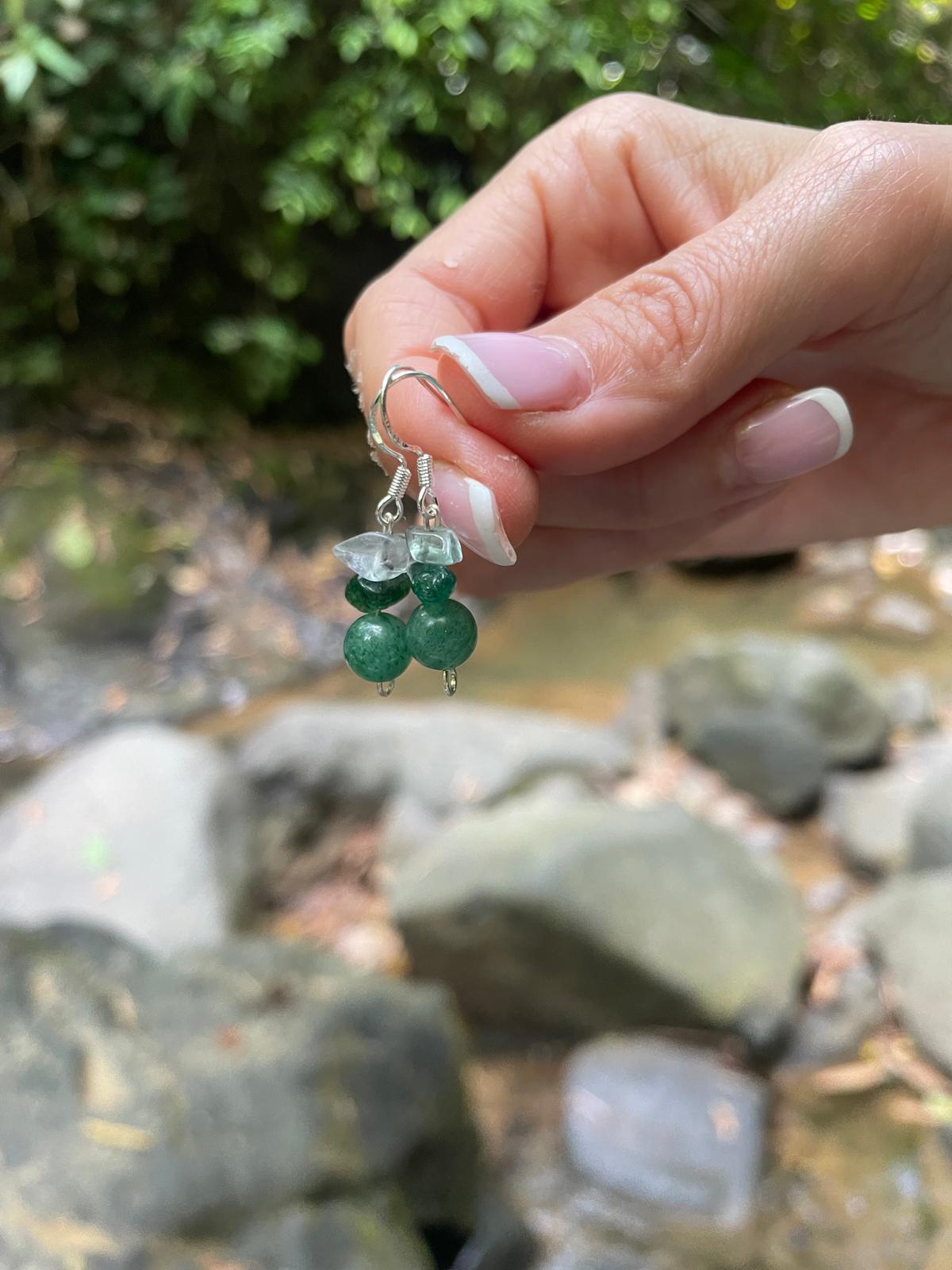Earrings with natural jadeite, green aventurine, and rock crystal, premium 925 sterling silver