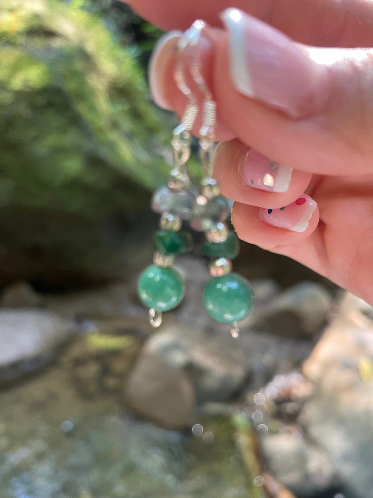 Handmade earrings with natural stones: jadeite, green aventurine, and rock crystal, premium 925 sterling silver
